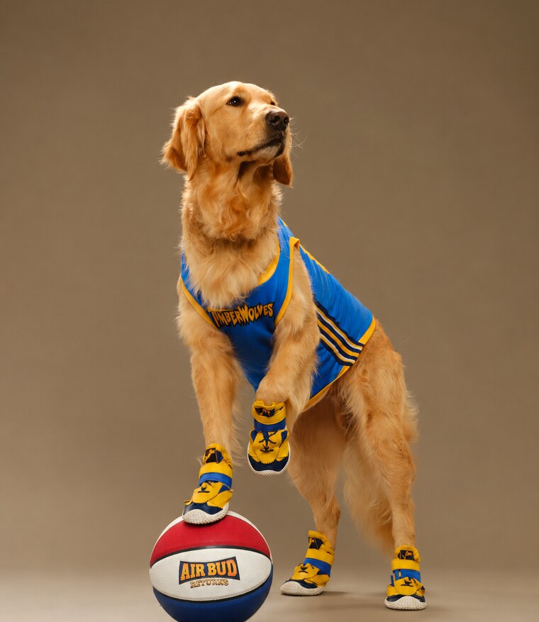 Buddy in the official Air Bud Timberwolves jersey